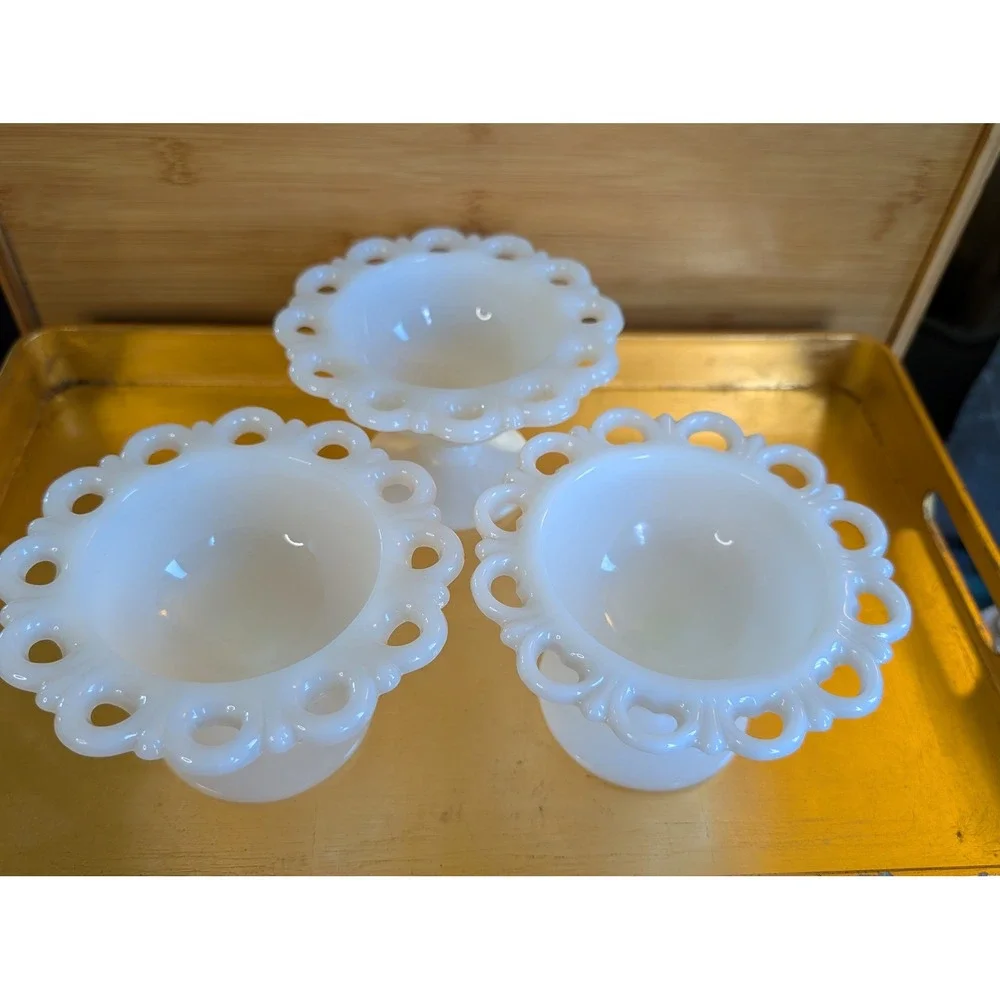 Lot of 3 Vintage Milk Glass Lace Edge Bowls AS IS Decor Wedding Shower Jewelry